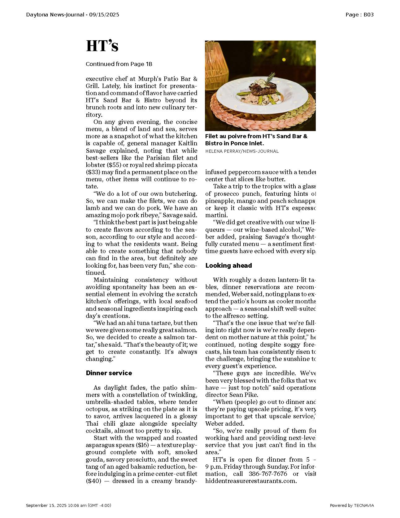 Plated center-cut filet with peppercorn sauce and fresh herbs