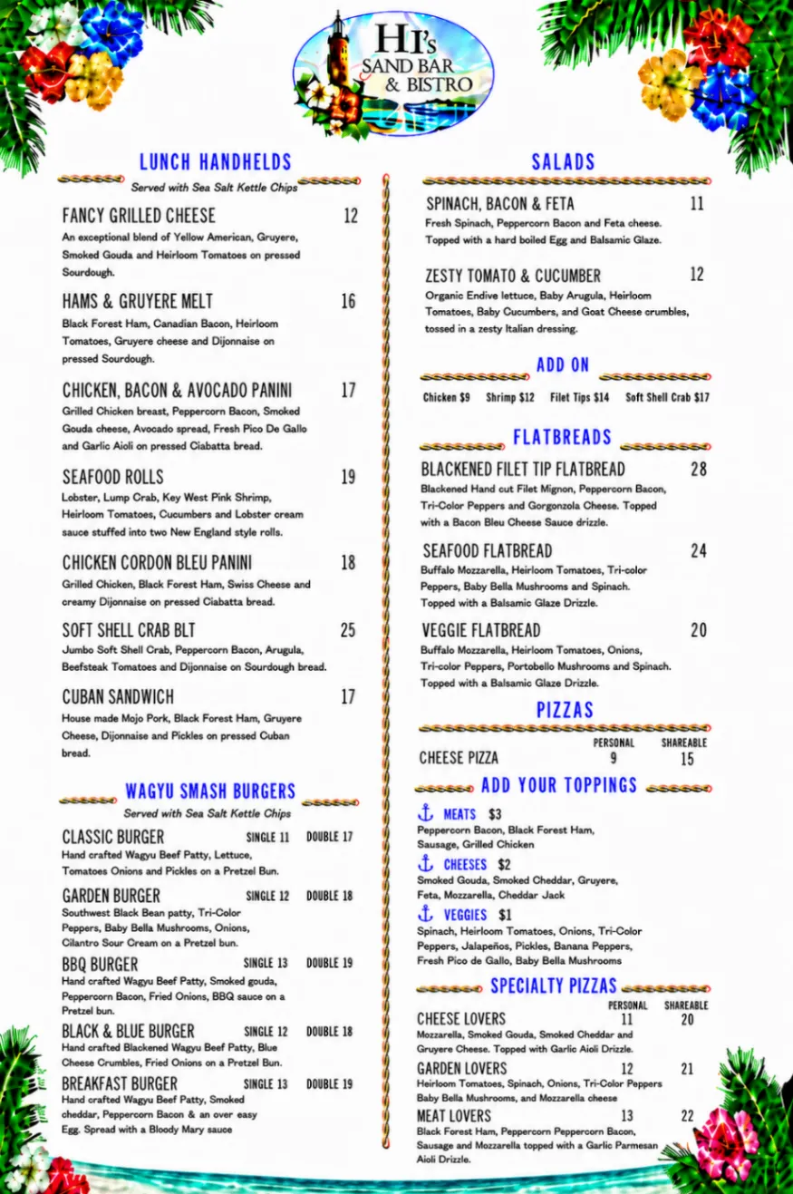 HT's Sand Bar & Bistro Breakfast & Lunch menu, page 2 — lunch handhelds, Wagyu smash burgers, salads, flatbreads, and pizzas