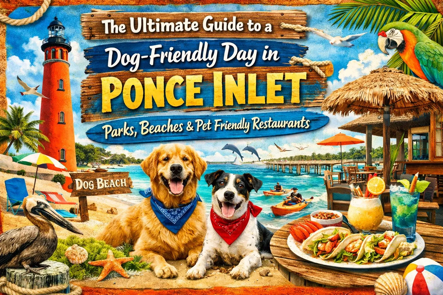 Colorful illustrated scene celebrating dog-friendly Ponce Inlet beaches, dining, and waterfront life